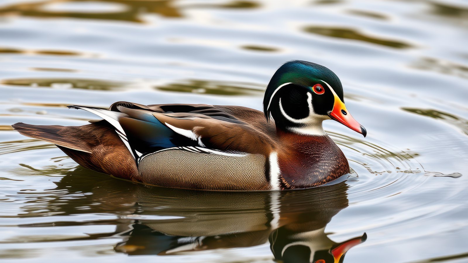 Male wood duck swims gracefully on a calm lake during a sunny afternoon in early spring